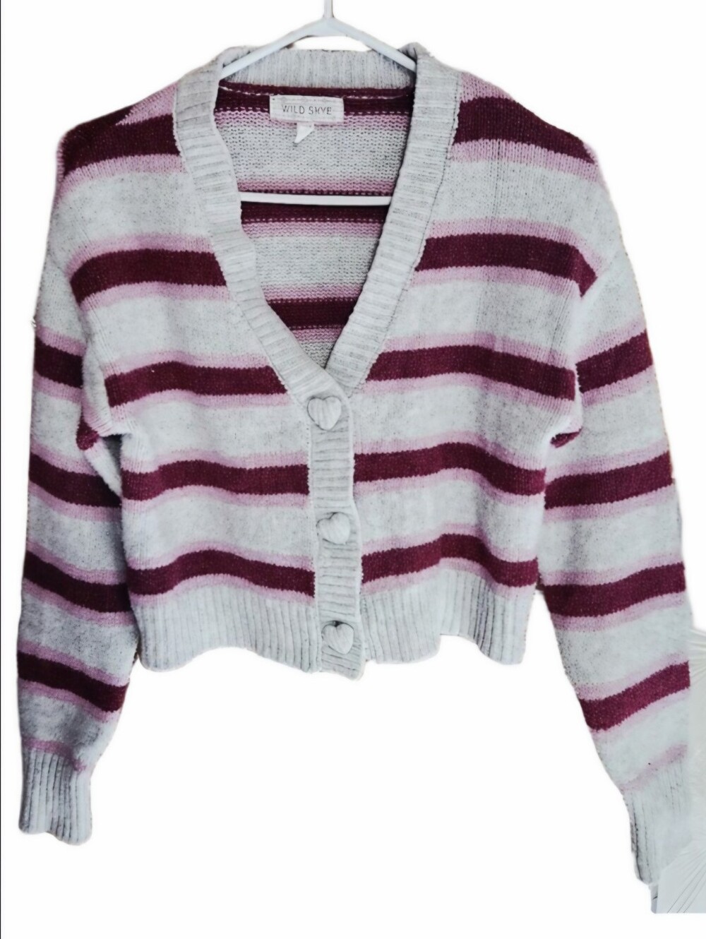 Wild Skye Heart Button Striped Cropped Cardigan Sweater Pink Burgundy XSmall